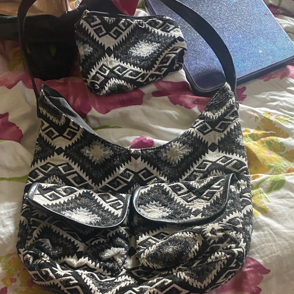Black and White Geometric Hobo Bag with change bag